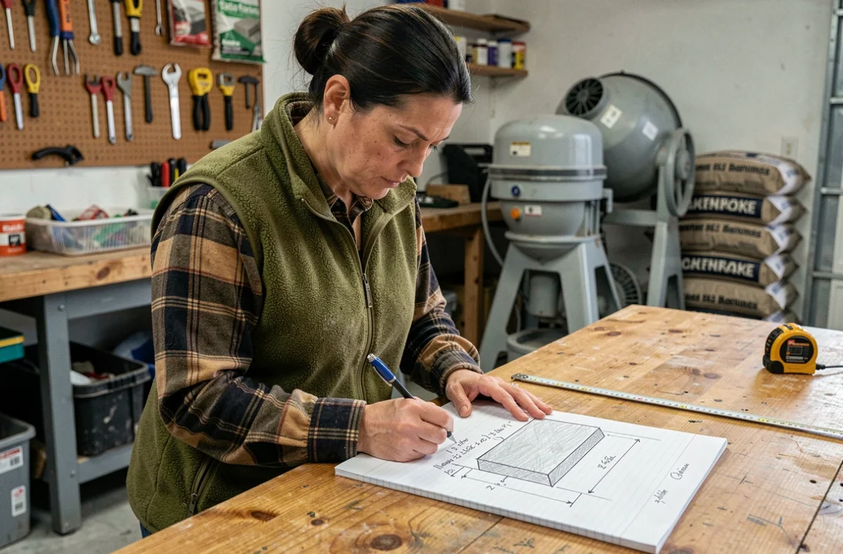 Femme calculant le volume de béton en mètres cubes sur un carnet de notes dans un garage avec des sacs de ciment