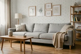 Canapé gris clair style scandinave dans un salon Airbnb moderne avec parquet en chêne et coussins moelleux