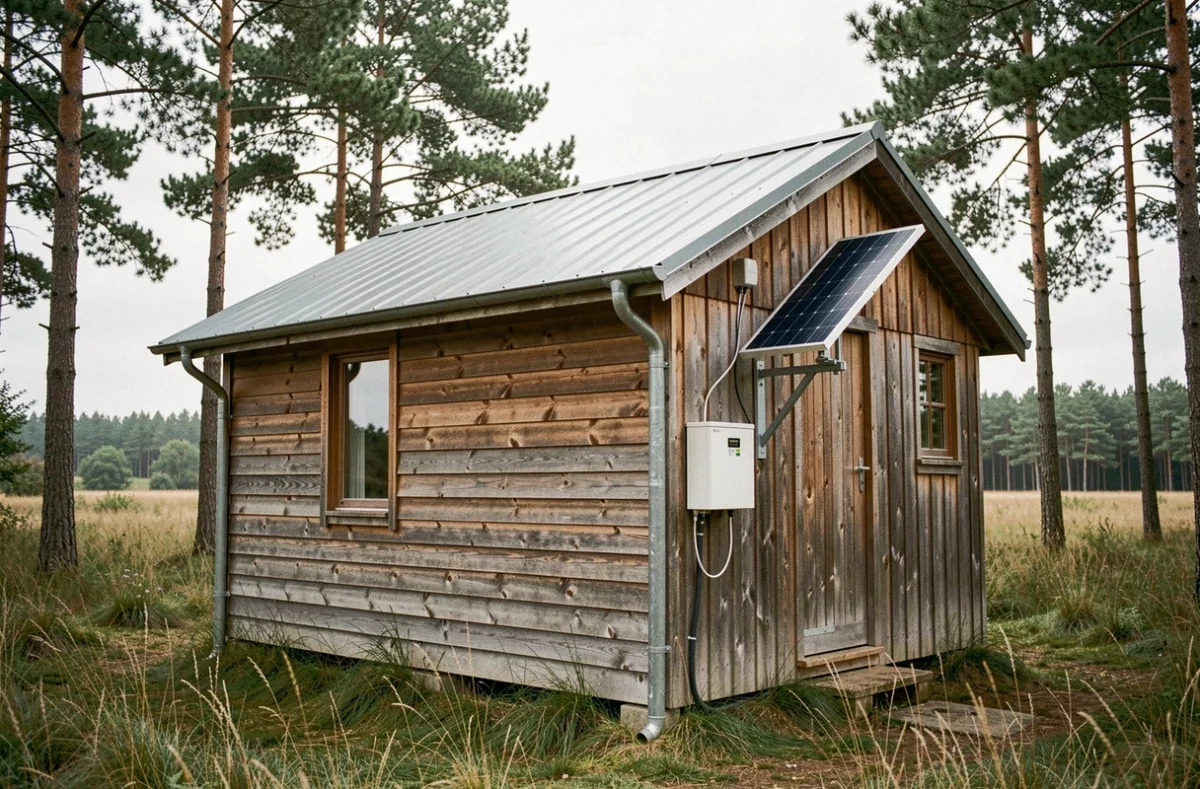 Chalet autonome en zone rurale équipé d'un panneau solaire 300W et d'une batterie de stockage extérieure