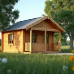 Petit chalet en bois de 20m2 habitable avec bardage en pin naturel et toit en métal, entouré de verdure à la campagne