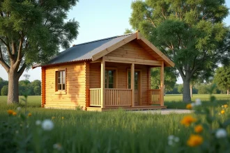 Petit chalet en bois de 20m2 habitable avec bardage en pin naturel et toit en métal, entouré de verdure à la campagne