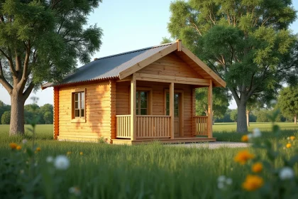 Petit chalet en bois de 20m2 habitable avec bardage en pin naturel et toit en métal, entouré de verdure à la campagne