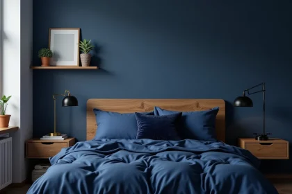 Chambre d'adolescente décorée en bleu nuit avec literie indigo et étagère en bois flottante