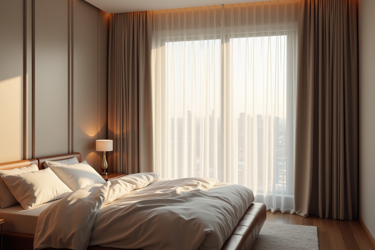 Chambre apaisante avec rideaux occultants fermes et lumière douce