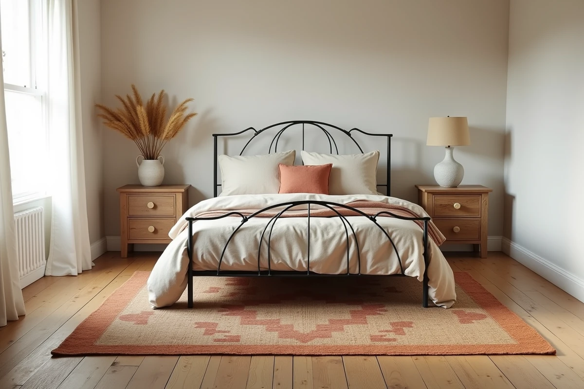 Chambre campagne chic avec parquet massif en pin naturel, lit en fer forgé et linge de lit en lin dans un décor chaleureux