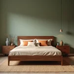Chambre avec meubles en bois foncé et murs vert sauge, literie en lin crème et terracotta
