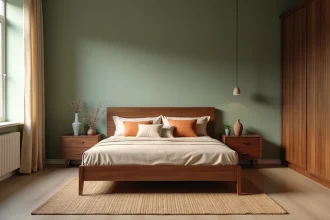 Chambre avec meubles en bois foncé et murs vert sauge, literie en lin crème et terracotta