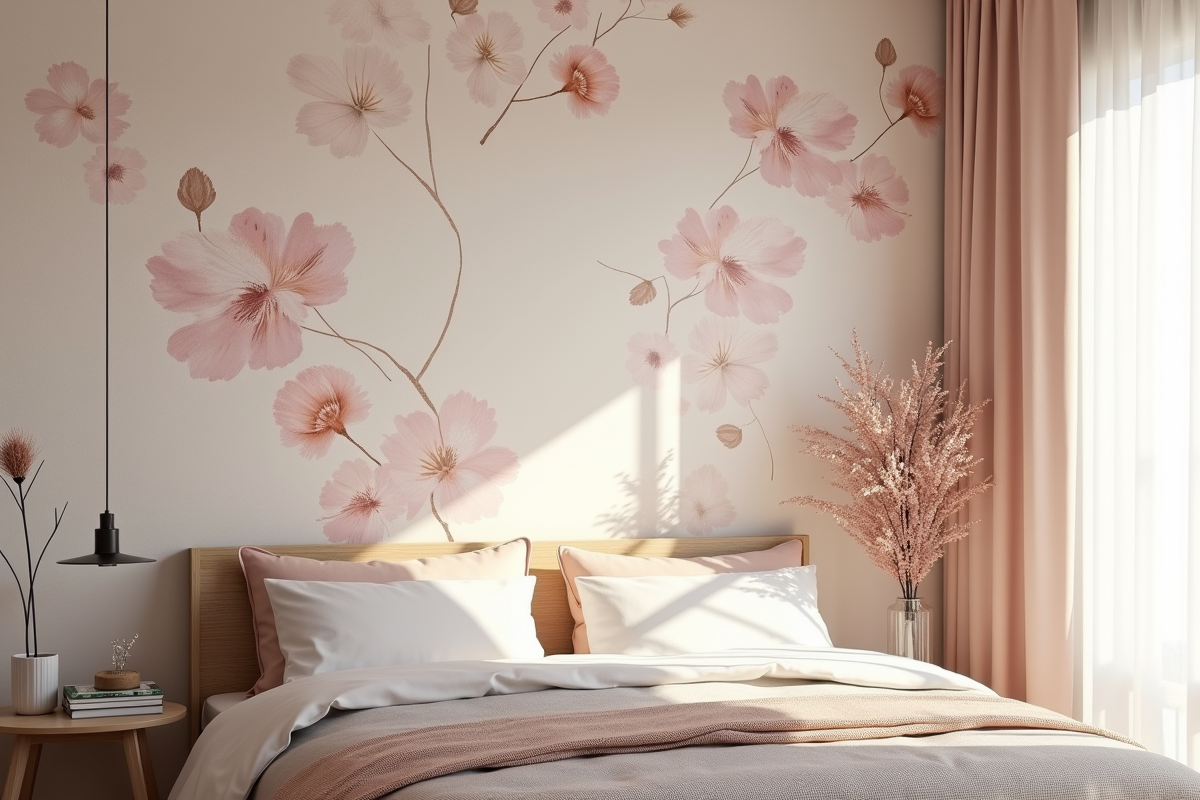 Chambre cosy avec papier peint floral pastel et style scandinave