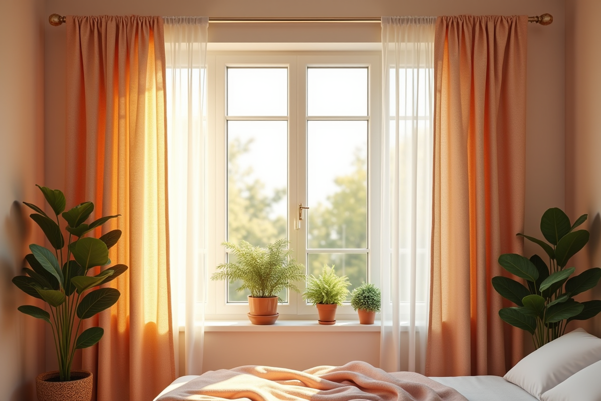 Chambre chaleureuse avec rideaux colorés et plantes vertes