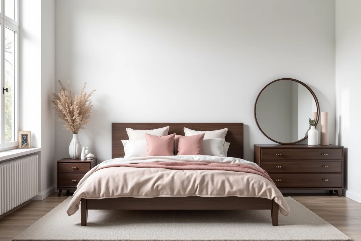 Chambre scandinave avec meubles en bois foncé espresso et murs blancs épurés
