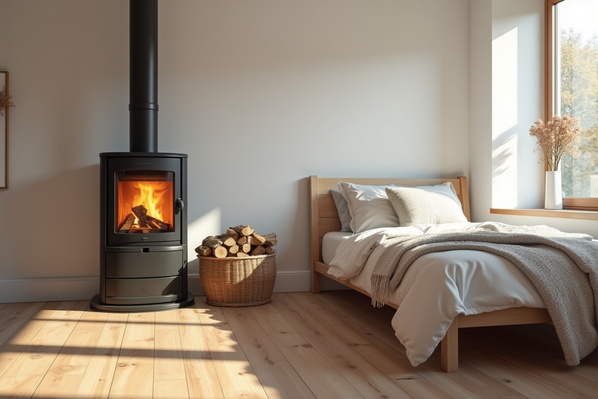 Chambre scandinave avec poele a bois et decor minimaliste