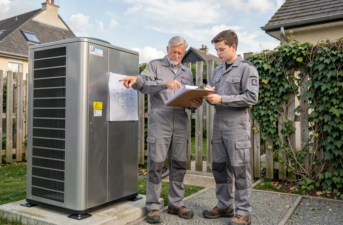 Deux techniciens de Chauffage Clim consultant des plans devant une pompe à chaleur extérieure