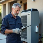Technicien chauffage avec tablette près d'une pompe à chaleur