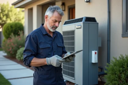 Technicien chauffage avec tablette près d'une pompe à chaleur