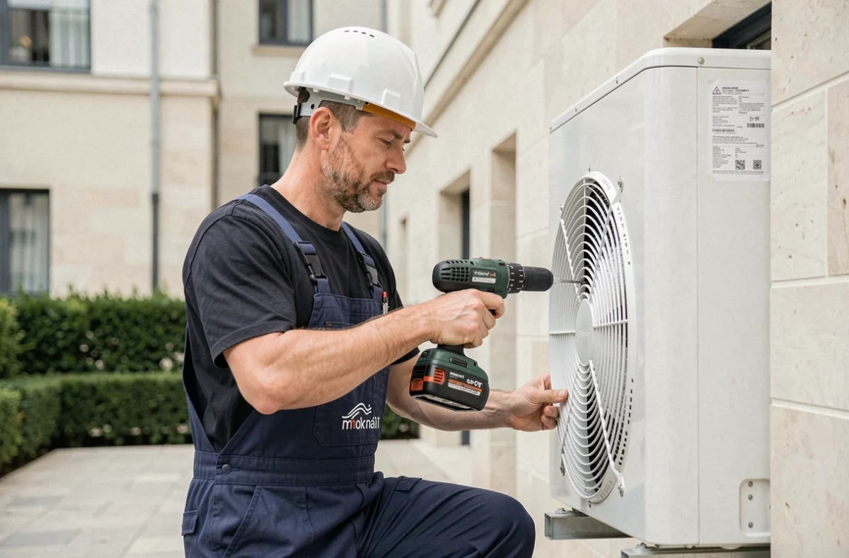Technicien Climadom Art'cool Systems en train d'installer une pompe à chaleur sur un immeuble résidentiel
