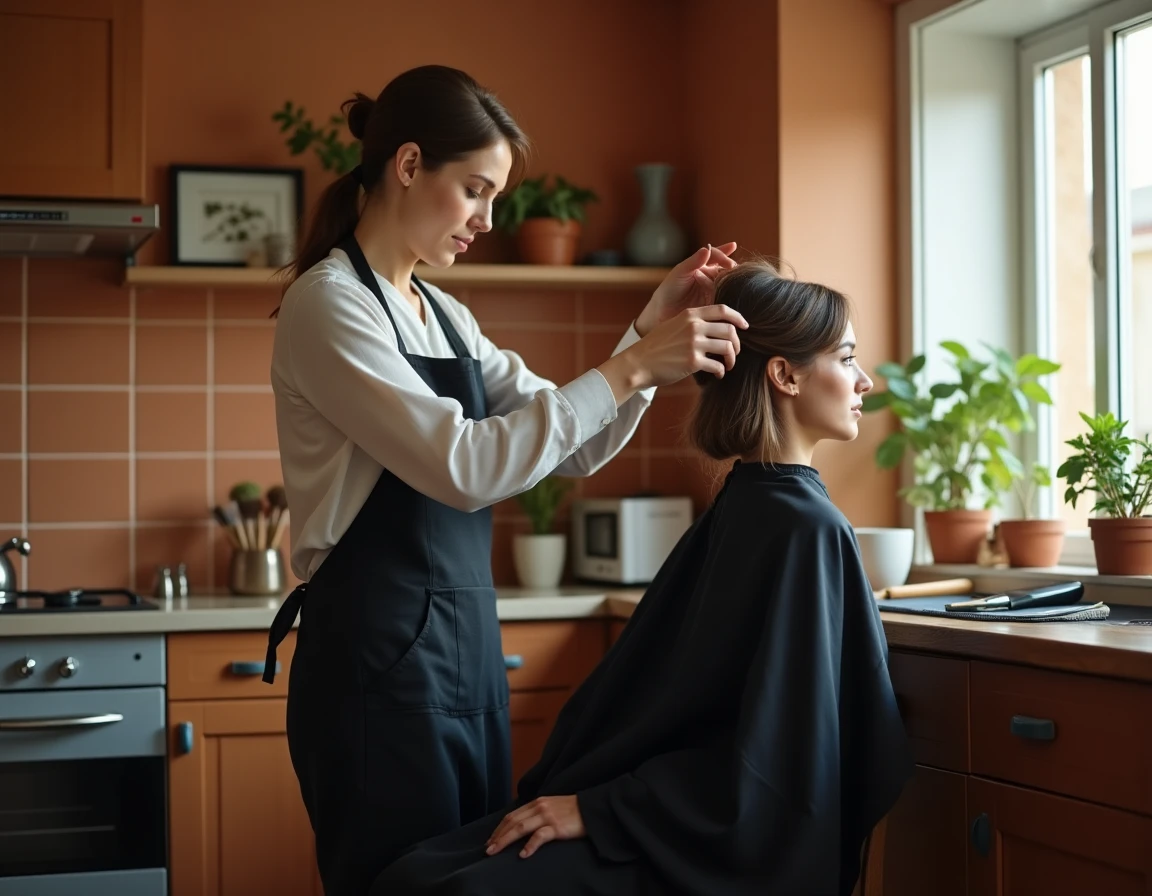 Coiffeuse à domicile réalisant une coupe de cheveux pour une cliente dans une cuisine chaleureuse