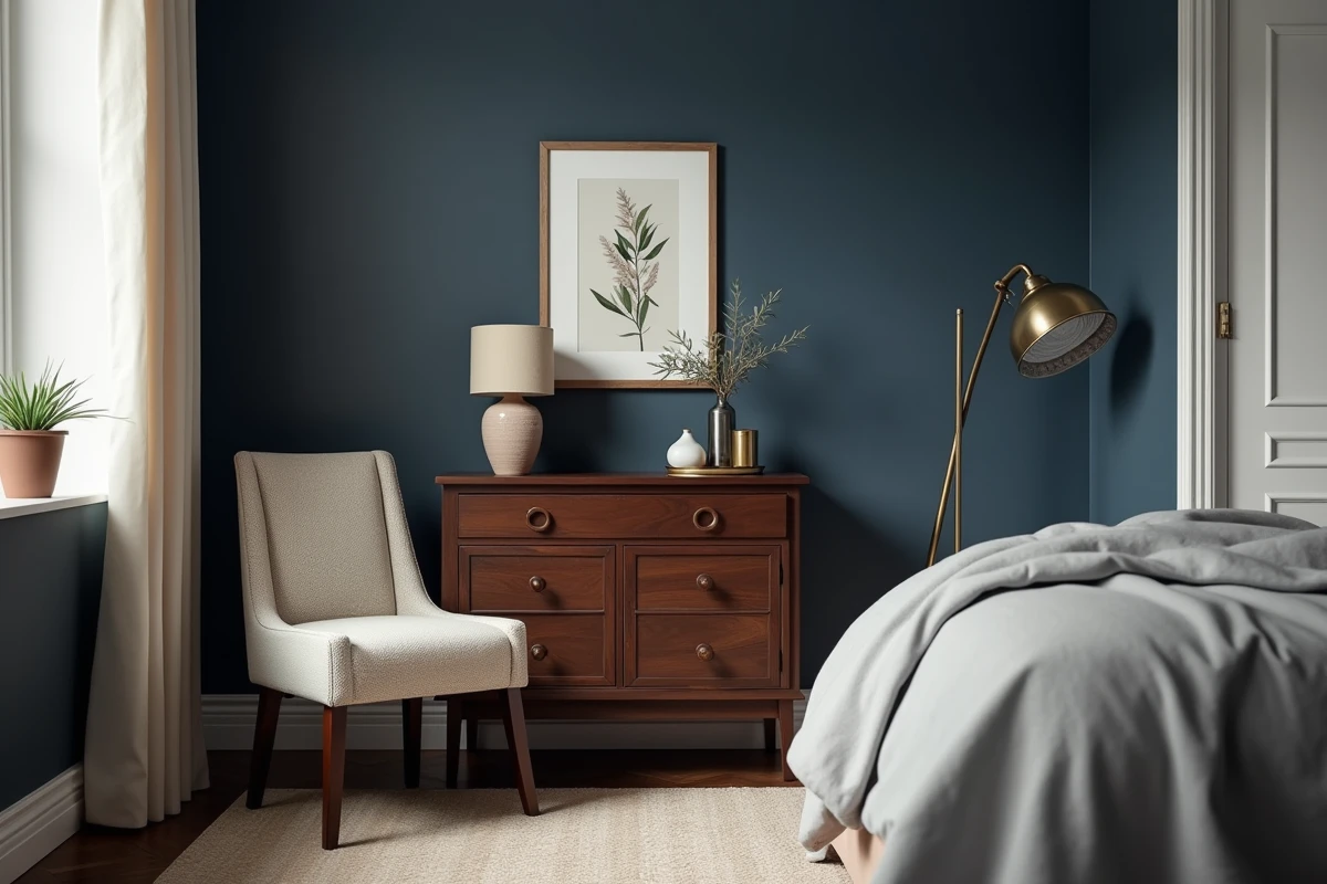 Coin chambre avec commode en bois foncé acajou contre un mur bleu marine profond