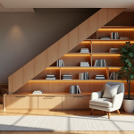 Coin lecture moderne sous un escalier en bois avec bibliothèque