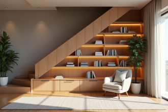 Coin lecture moderne sous un escalier en bois avec bibliothèque