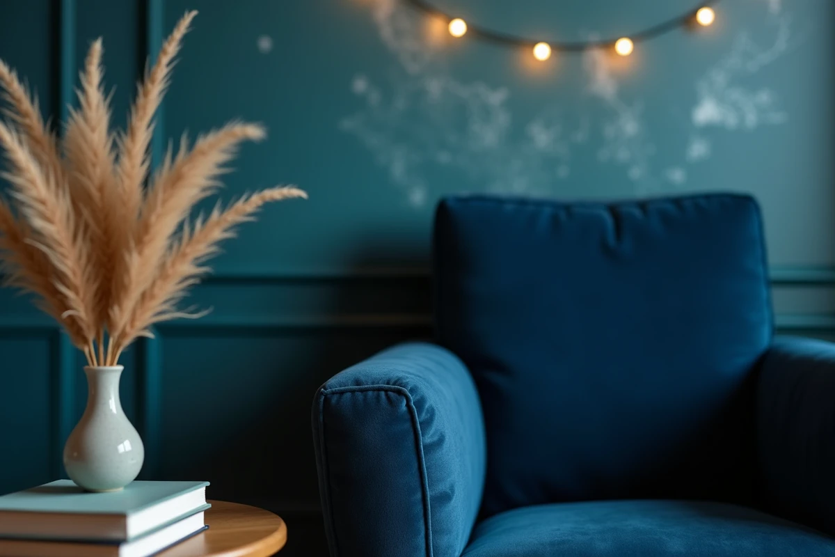 Coin lecture avec fauteuil bleu marine et décoration tendance dans une chambre d'adolescent