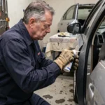 Bricoleur appliquant de la colle industrielle sur un panneau plastique fixé contre une portière de voiture en métal dans un garage