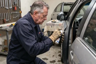 Bricoleur appliquant de la colle industrielle sur un panneau plastique fixé contre une portière de voiture en métal dans un garage