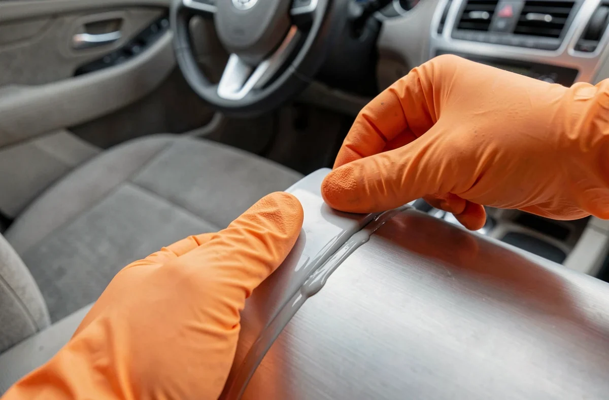 Gros plan de mains gantées pressant une garniture plastique collée sur un panneau en aluminium brossé à l'intérieur d'un habitacle de voiture