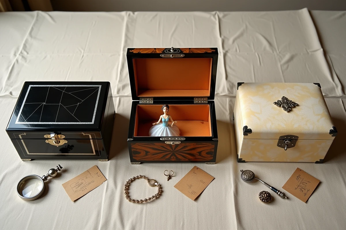 Vue aérienne de trois boîtes à bijoux vintage d'époques différentes comparées sur lin brut avec loupe de bijoutier et broches anciennes