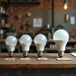 Comparaison de différents culots d'ampoules E14, E27 et GU10 posés sur un établi d'électricien avec étiquettes de taille