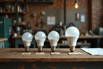 Comparaison de différents culots d'ampoules E14, E27 et GU10 posés sur un établi d'électricien avec étiquettes de taille