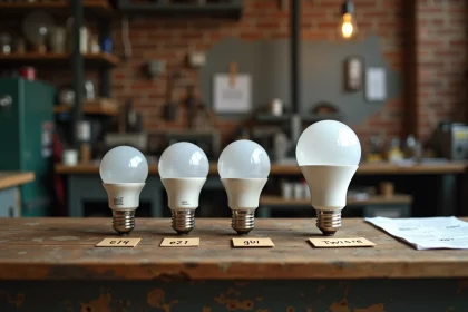 Comparaison de différents culots d'ampoules E14, E27 et GU10 posés sur un établi d'électricien avec étiquettes de taille