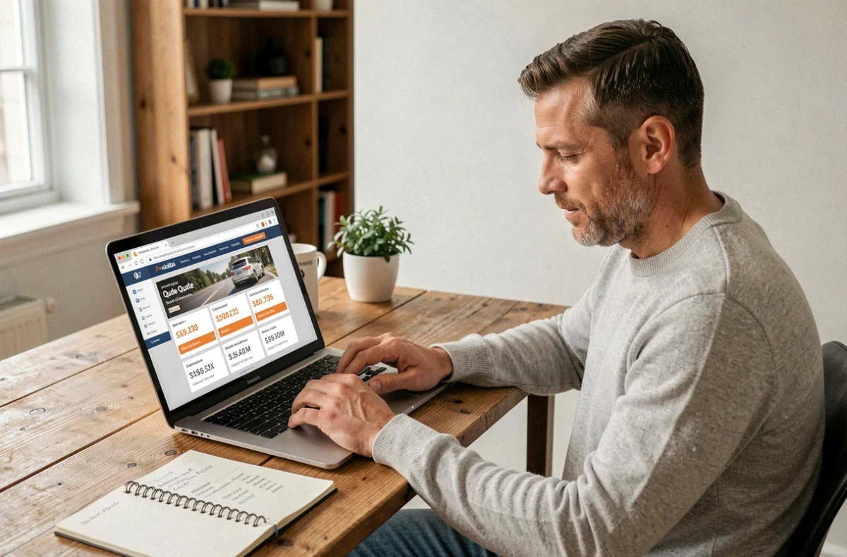 Homme comparant des devis de pose de carrelage au m² sur une plateforme en ligne depuis son bureau