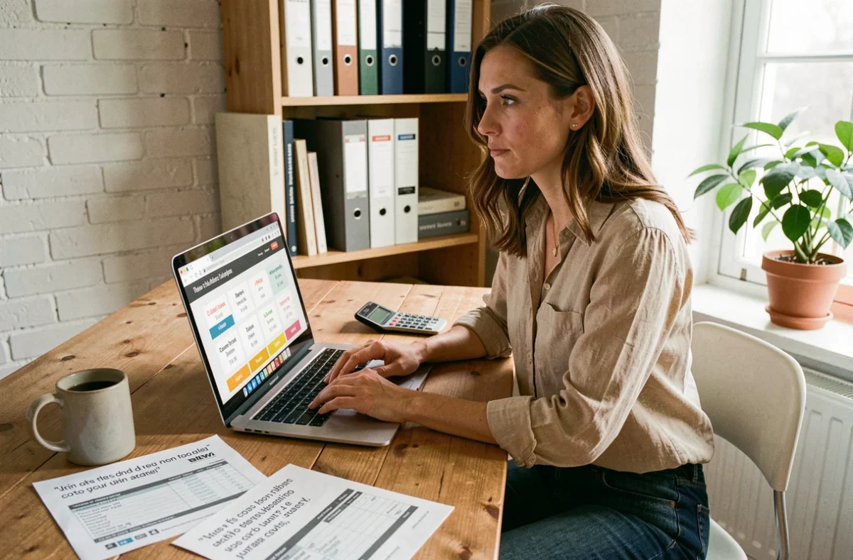Femme comparant des devis de matériaux de rénovation sur un ordinateur portable à domicile