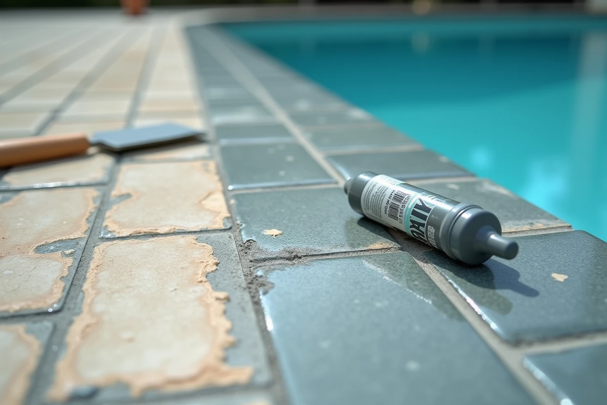 Comparaison entre ancien joint de piscine dégradé et nouveau joint époxy bicomposant fraîchement appliqué