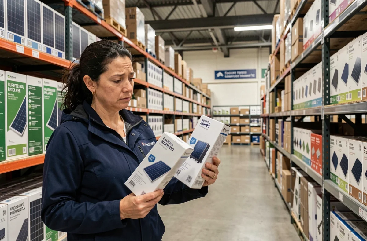 Femme comparant des kits solaires en rayon de magasin de bricolage avant d'investir en autoconsommation