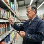 Entrepreneur examinant les étiquettes de prix sur des matériaux de construction dans un magasin de bricolage