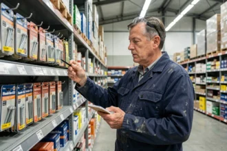 Entrepreneur examinant les étiquettes de prix sur des matériaux de construction dans un magasin de bricolage