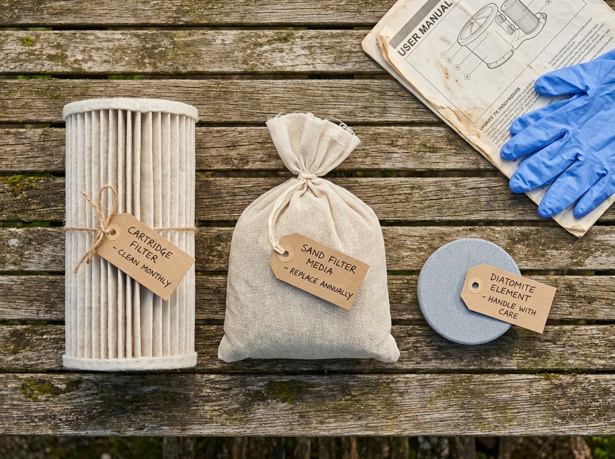 Comparaison de trois types de filtres pour spa : cartouche, sable et diatomite disposés sur une table en bois