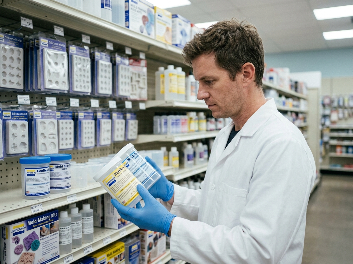 Homme en blouse blanche comparant deux contenants de silicone dans un magasin de fournitures pour le moulage