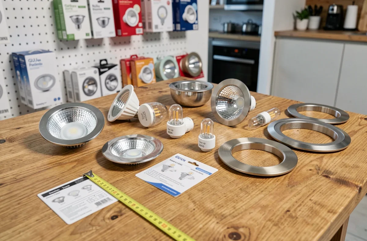 Assortiment d'ampoules spot encastrables GU10 LED et halogène disposées sur bois brut avec accessoires de comparaison en magasin
