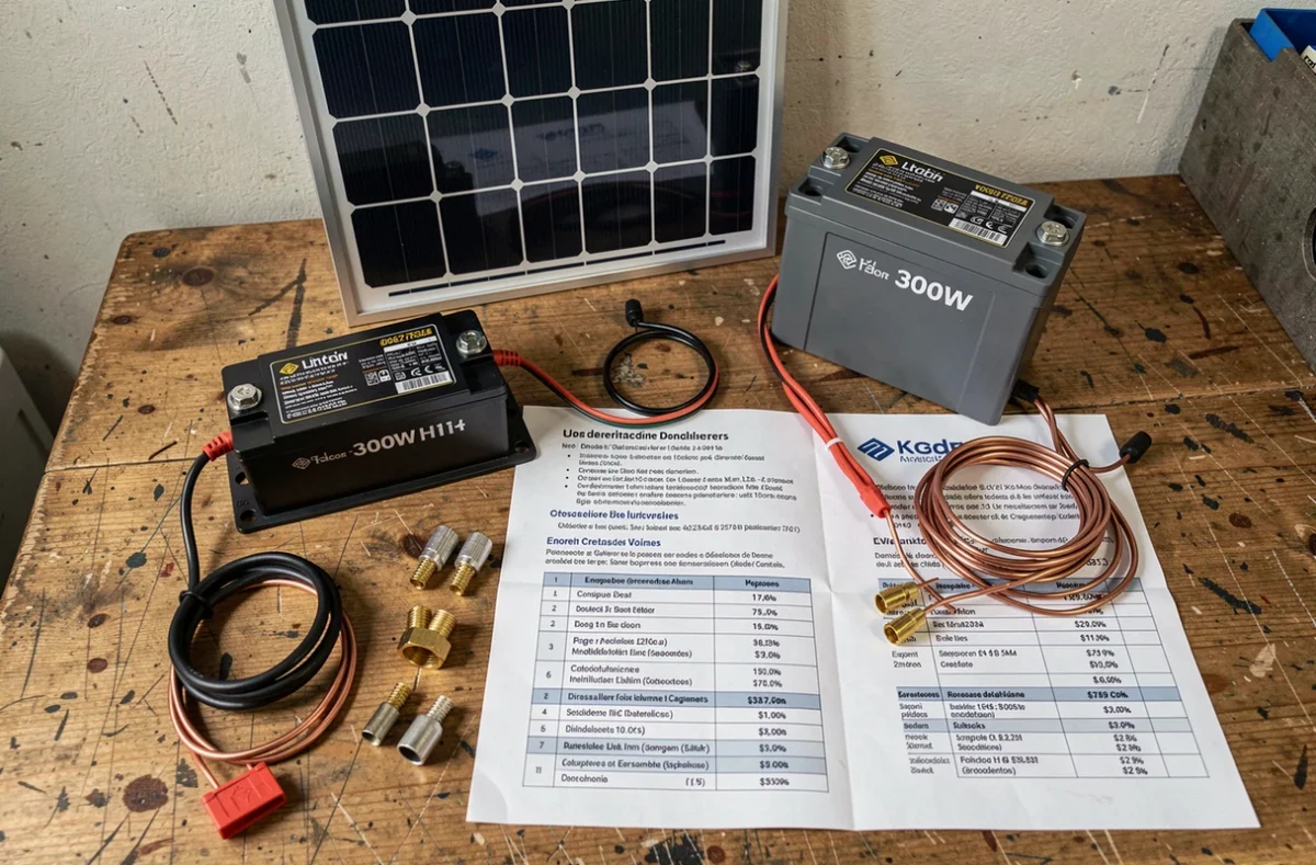Comparatif de prix d'une batterie pour panneau solaire 300W avec composants électriques sur une table d'atelier