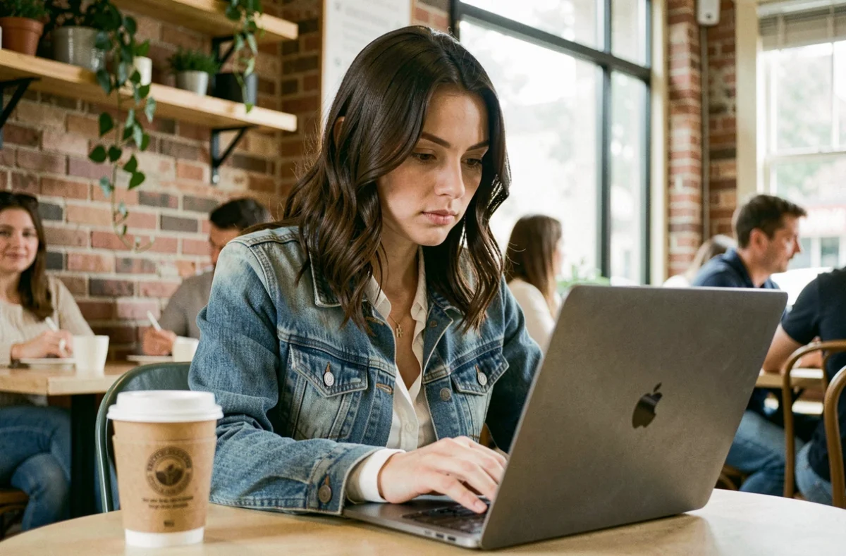 Jeune femme écrivant un email au support Somfy depuis un café avec son ordinateur portable