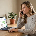 Femme contactant le service client Somfy par téléphone depuis son bureau à domicile