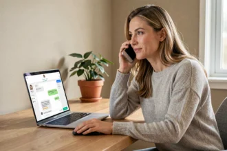 Femme contactant le service client Somfy par téléphone depuis son bureau à domicile