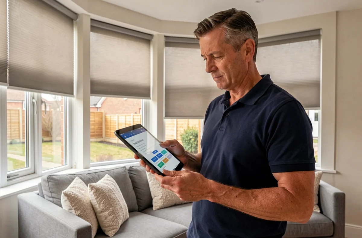 Homme utilisant une tablette pour contacter Somfy en ligne depuis son salon connecté