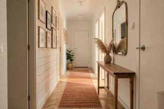 Couloir étroit décoré dans un style scandinave cosy avec console en bois, tapis en jute terracotta et miroir en laiton