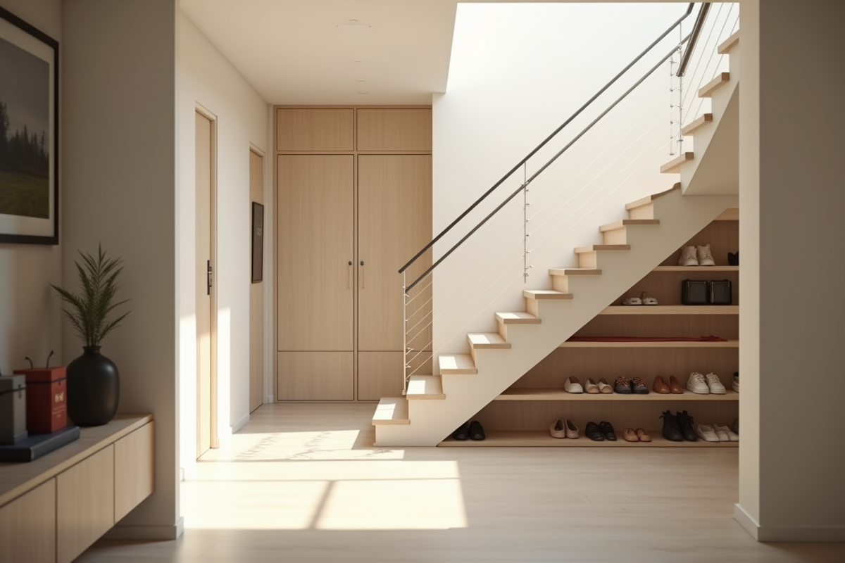 Couloir contemporain avec rangements sous escalier lumineux