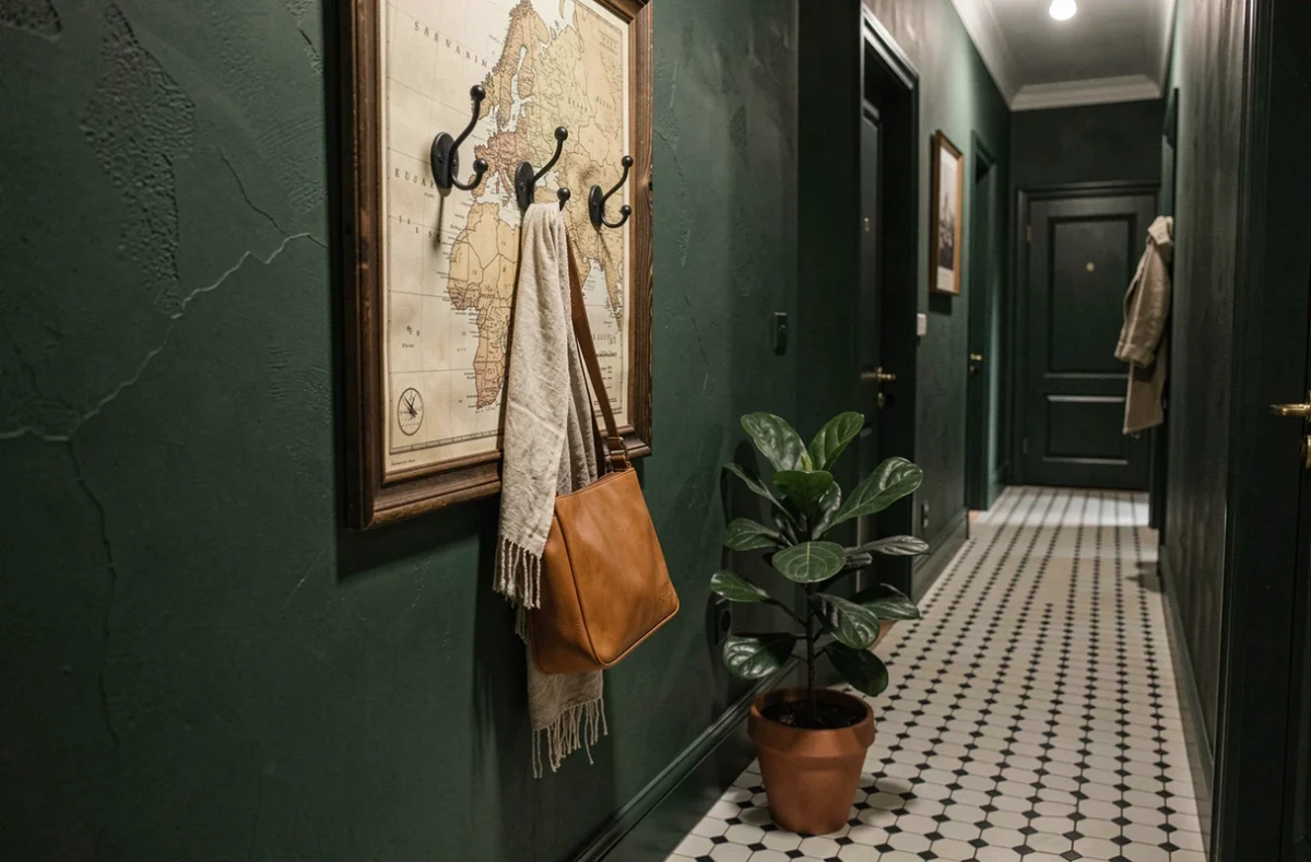 Couloir sombre avec murs vert foncé, crochets en fer forgé, plante verte et carrelage rétro noir et blanc