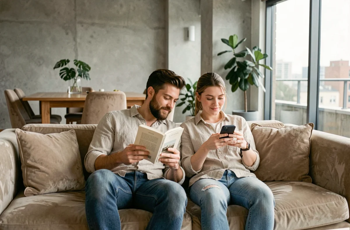Couple détendu assis sur un canapé en velours beige dans un appartement Airbnb contemporain