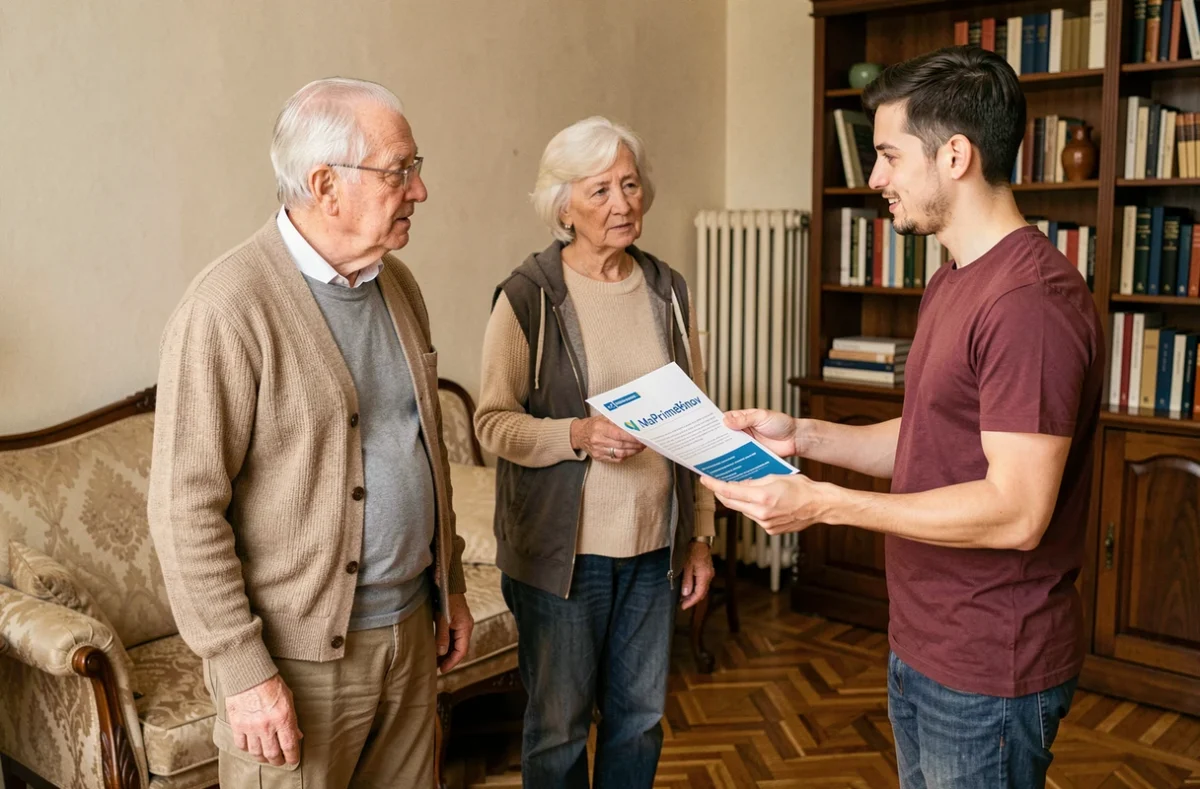 Couple de seniors discutant des aides de l'État pour financer une pompe à chaleur avec un conseiller